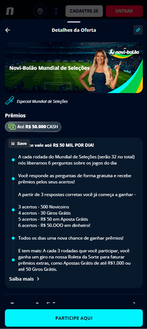 Captura de tela mostra uma oferta da Novibet entre as casas de apostas com depósito mínimo de 1 real