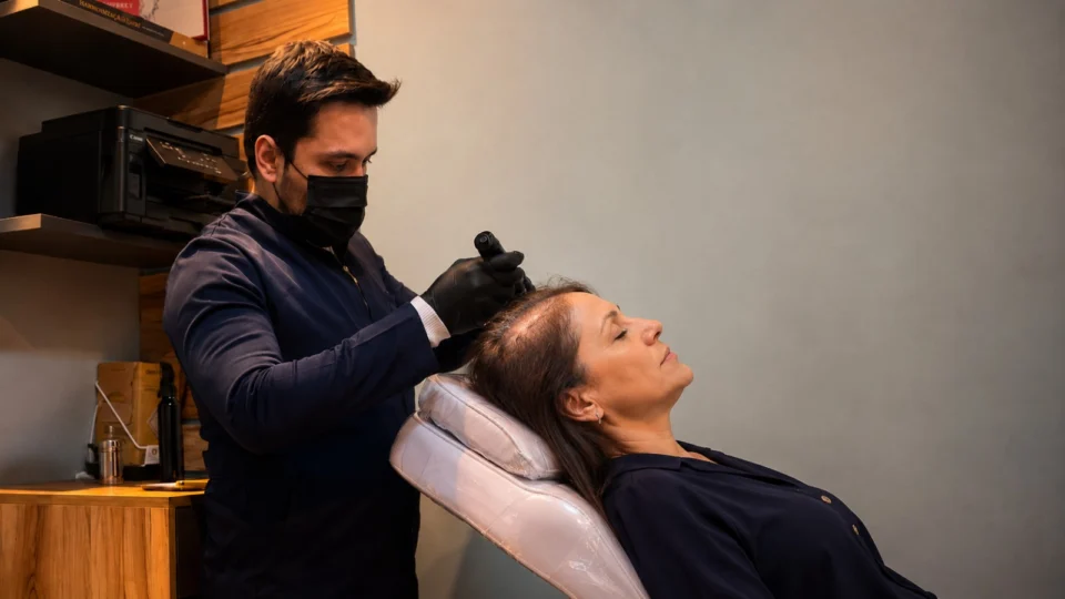 Dr. Felipe Sampaio durante avaliação capilar, analisando fatores que podem influenciar a queda de cabelo e a saúde dos fios de forma individualizada.