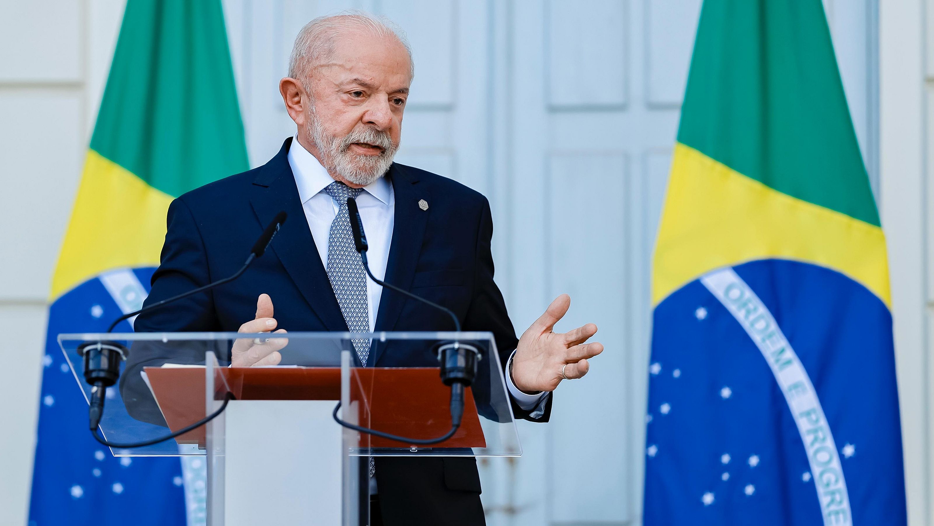 O presidente Lula durante entrevista coletiva em Genebra, na Suíça.