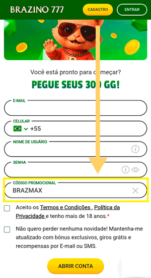 Interface do cadastro da Brazino777 com o campo para digitar o código promocional
