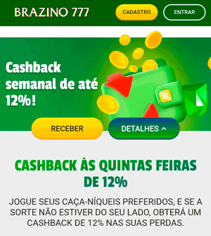 Página do bônus de cashback semanal de até 12% na Brazino777
