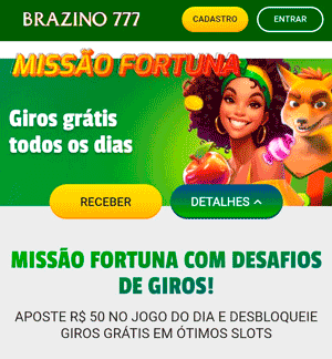 Página da Missão Fortuna na Brazino777 com desafios de giros extras
