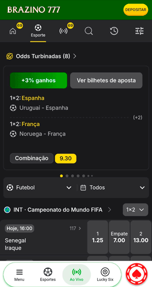 Interface de apostas esportivas na Brazino777 que exibe em destaque odds turbinadas
