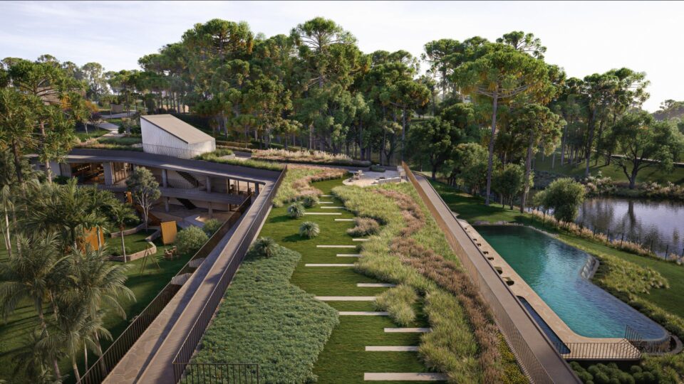 Projeto arquitetônico do Greenway foi desenvolvido para preservar a paisagem natural, integrando áreas verdes, lago e arquitetura contemporânea em Santa Felicidade.