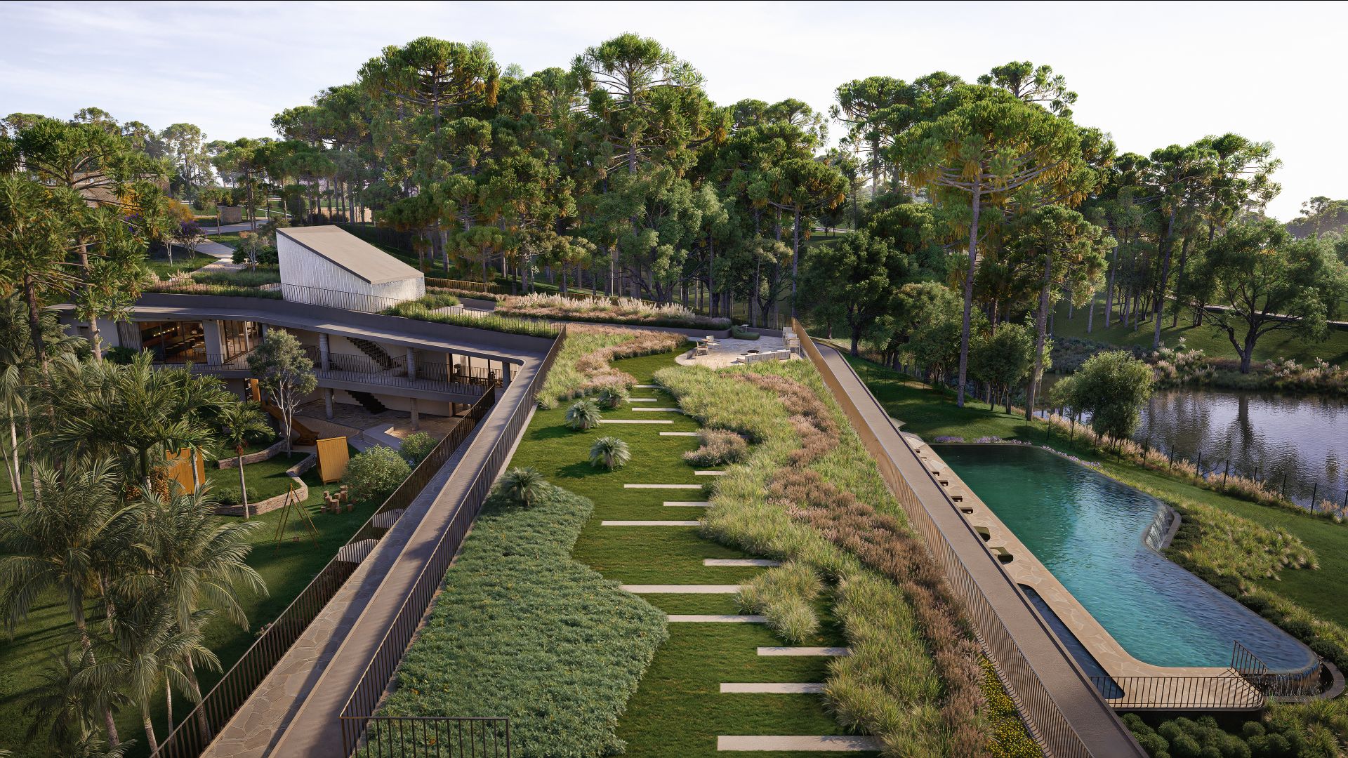 Projeto arquitetônico do Greenway foi desenvolvido para preservar a paisagem natural, integrando áreas verdes, lago e arquitetura contemporânea em Santa Felicidade.