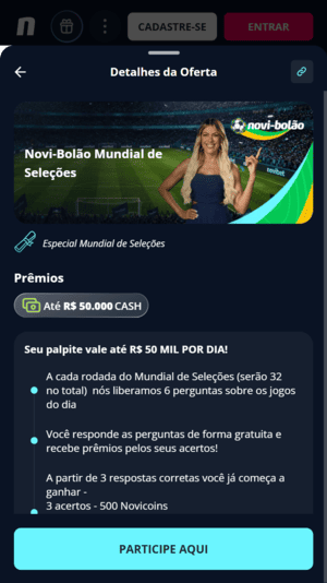 Captura de tela com as regras do Mundial de Seleções, bolão disponível com o cupom da Novibet