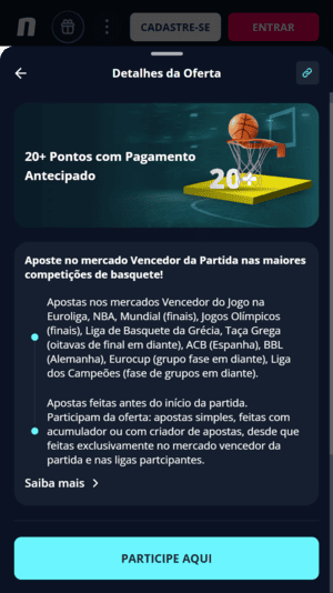 Captura de tela do Pagamento Antecipado na Novibet, disponível com o código