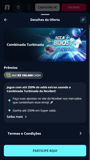 Captura de tela da Combinada Turbinada na Novibet, disponível com o código bônus