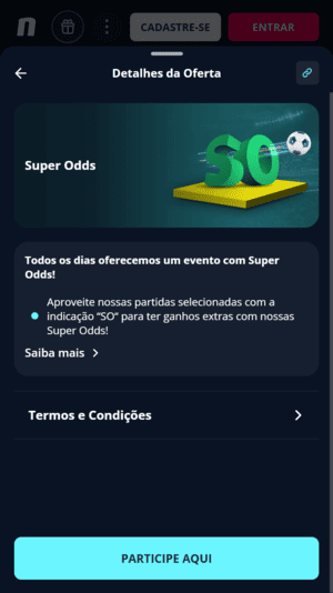 Captura de tela da oferta de Super Odds na Novibet