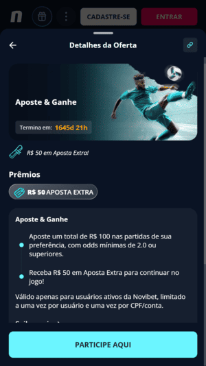 Captura de tela da oferta Aposte e Ganhe na Novibet, disponível com o cupom