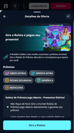 Captura de tela da oferta Roleta de prêmios na Novibet, disponível com o código
