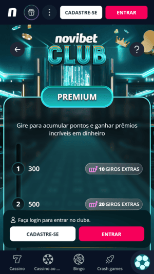 Captura de tela do Novibet Club, disponível com o código de indicação
