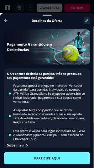 Captura de tela do Pagamento garantido no Tênis da Novibet, disponível com o código bônus