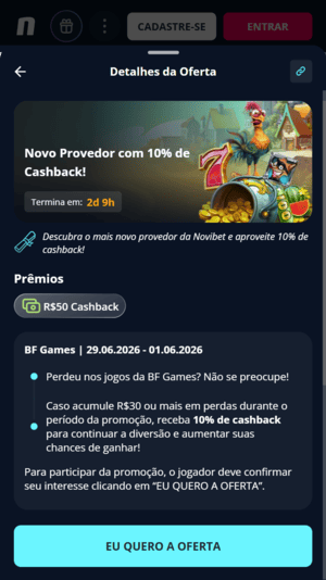 Captura de tela do Cashback da Novibet, disponível com o código de indicação
