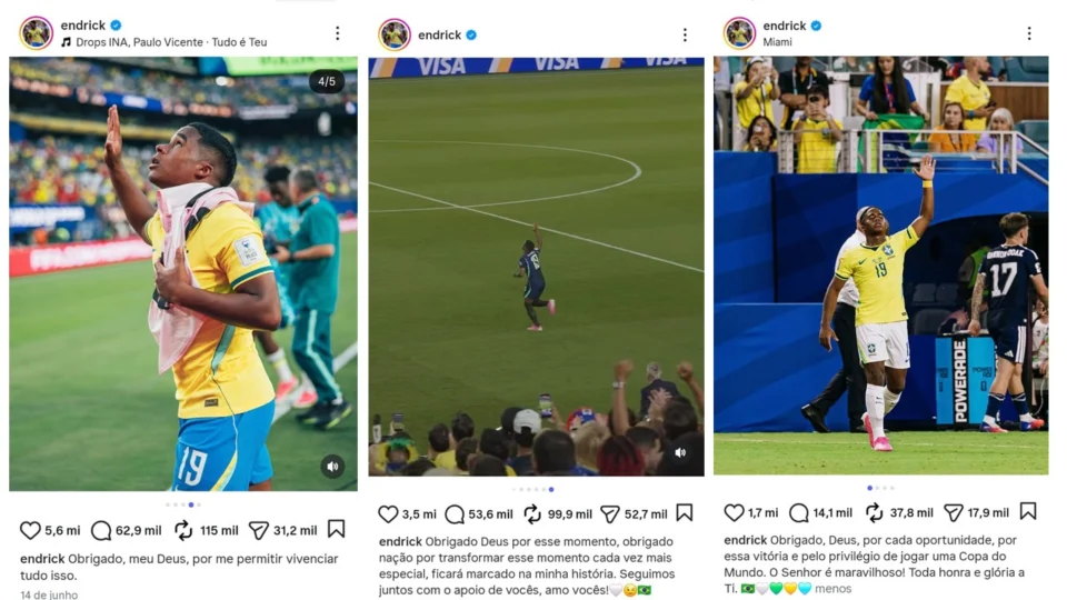 Endrick exalta a Deus em suas postagens e costuma levantar as mãos ao céu durante os jogos.