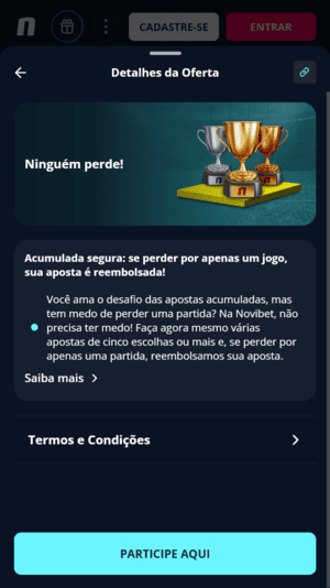 Captura de tela da oferta "Ninguém perde" da Novibet, disponível com o cupom