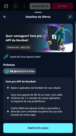 Captura de tela da oferta do app da Novibet, disponível com o código promocional