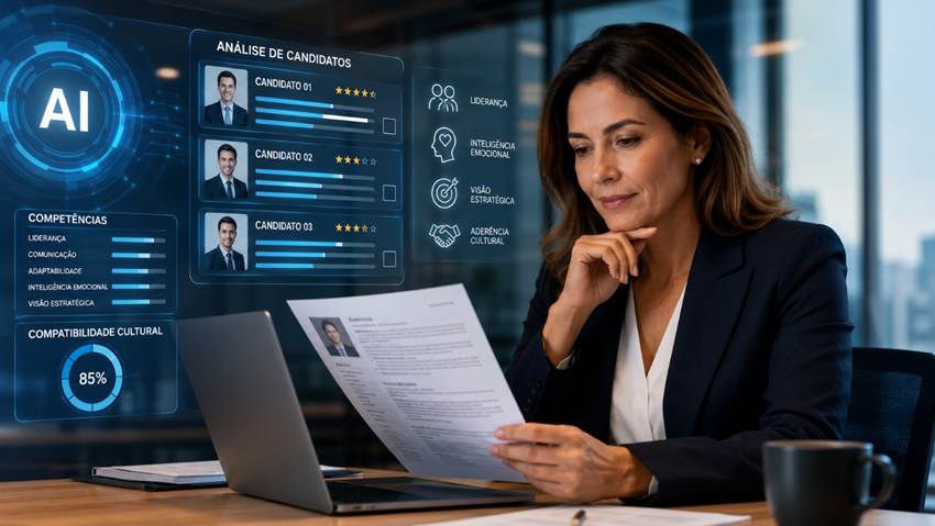 A Inteligência Artificial acelera a análise de currículos e o mapeamento de talentos, mas competências essenciais para a liderança, como influência, inteligência emocional e aderência cultural, continuam exigindo avaliação humana especializada.