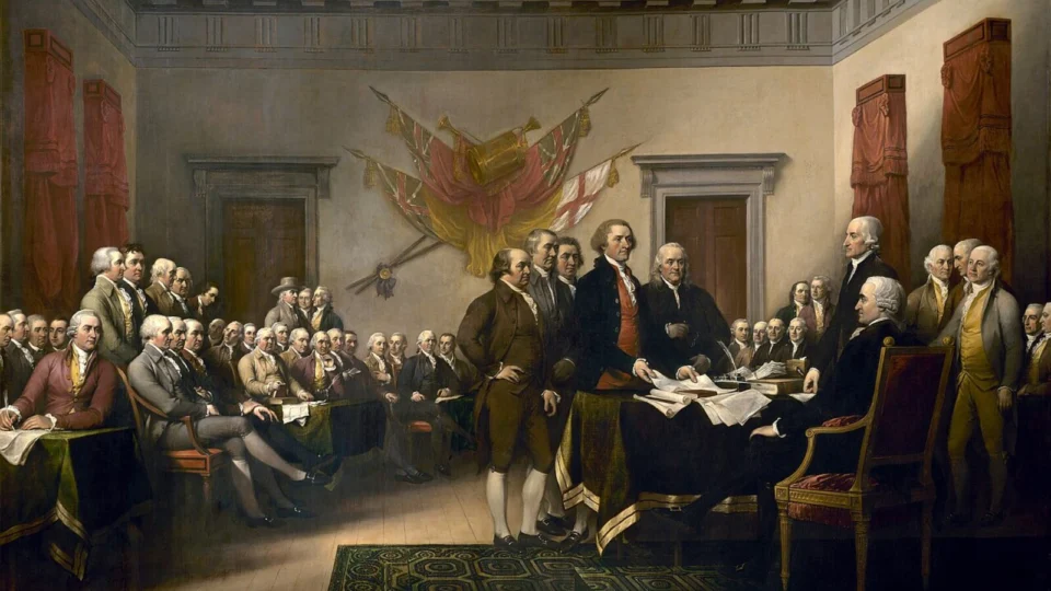 Pintura de John Trumbull retratando a elaboração da Declaração de Independência dos Estados Unidos, em 1776.
