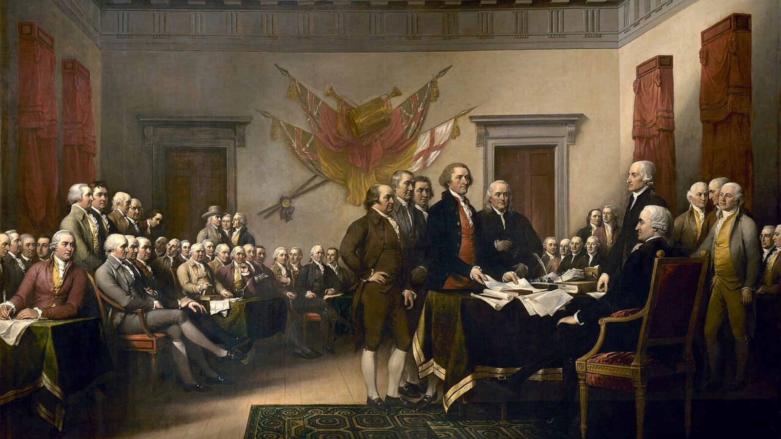 Pintura de John Trumbull retratando a elaboração da Declaração de Independência dos Estados Unidos, em 1776.