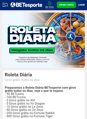 Página do bônus de giros grátis na Roleta disponível na BETesporte