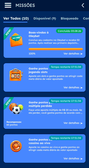 Missões disponíveis na Oleybet que podem ser trocadas por giros grátis no cadastro
