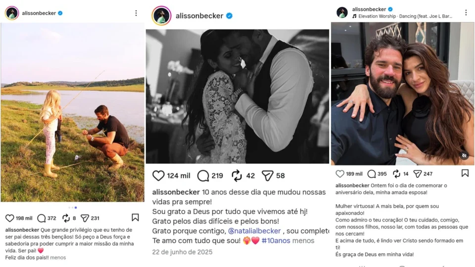 Alisson também chama a atenção em suas redes sociais por defender pautas bem diferentes do gol, como paternidade, casamento e cristianismo.
