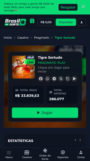 Captura de tela da Brasil Da Sorte com Tigre Sortudo