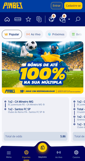 Página inicial da nova casa de apostas Pinbet com cartaz da oferta de apostas múltiplas