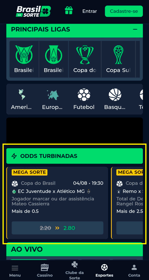 Página inicial da BrasildaSorte que exibe a seção de Odds turbinadas no futebol