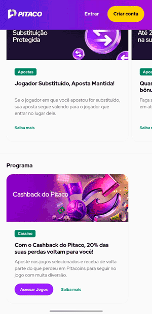 Página da promoções da Pitaco que exibem as ofertas de cashback e a Substituição Protegida