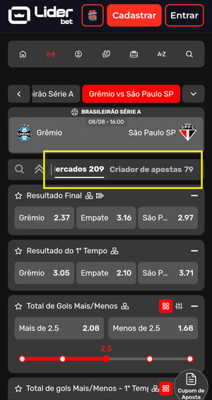 Interface de apostas na Líderbet em evento do Brasileirão, com destaque para os mercados do Criador de Apostas