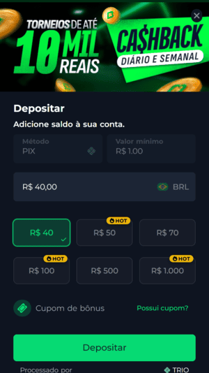 Interface de depósito da Brasil Da Sorte, plataforma legalizada para funcionar no Brasil