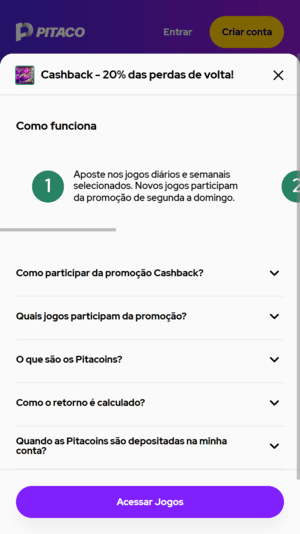 Oferta de cashback de até 20% disponível na Pitaco legalmente