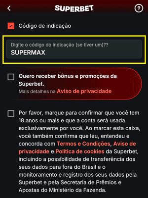 Campo de código de indicação no formulário de cadastro da Superbet preenchido com o cupom SUPERMAX