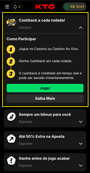 Oferta sem depósito de cashback disponível na KTO