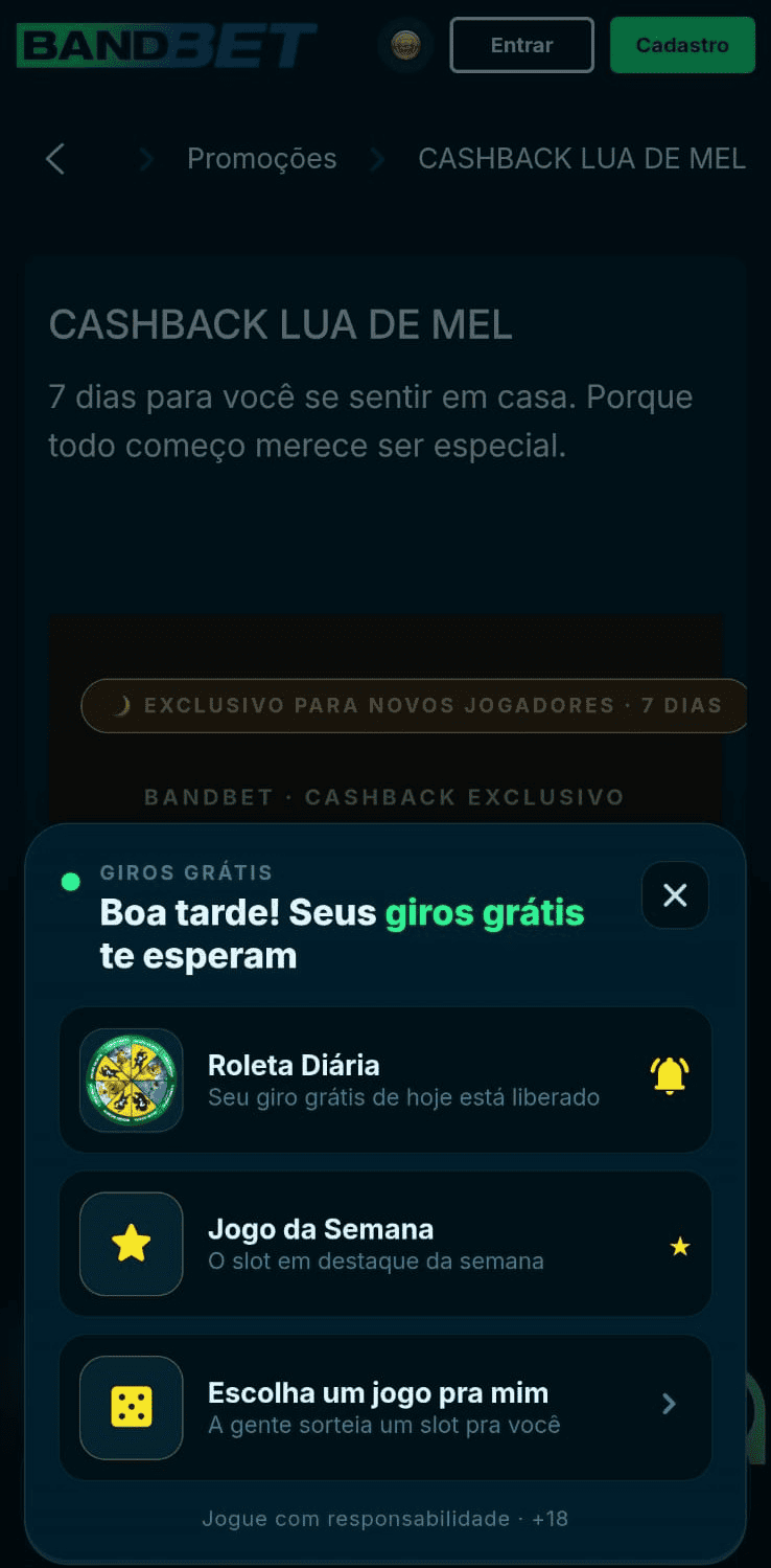 Notificação de giro grátis disponível na Roleta Diária da BandBet, que pode conceder bônus sem depósito aos usuários ativos