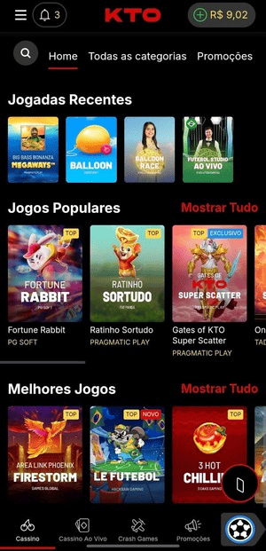 Interface do cassino da KTO, que exibe os jogos em alta no momento