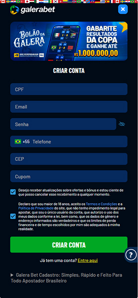 Formulário de cadastro Galera Bet solicitando CPF, e-mail, senha, telefone, CEP e cupom promocional Galera Bet