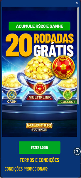 Página da oferta Acumule R$20 e Ganhe 20 rodadas grátis na Galera Bet, com potes de moedas do Gold Trio Football.