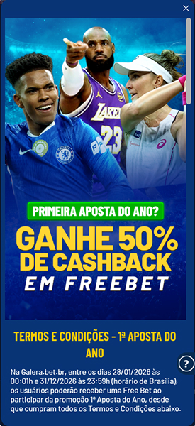 Página da promoção 1ª Aposta do Ano na Galera Bet, com cashback de 50% em freebet e imagens do Estevão e Lebron James