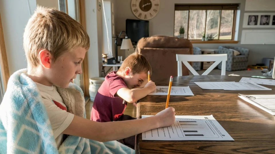 Duas crianças estudando em casa.