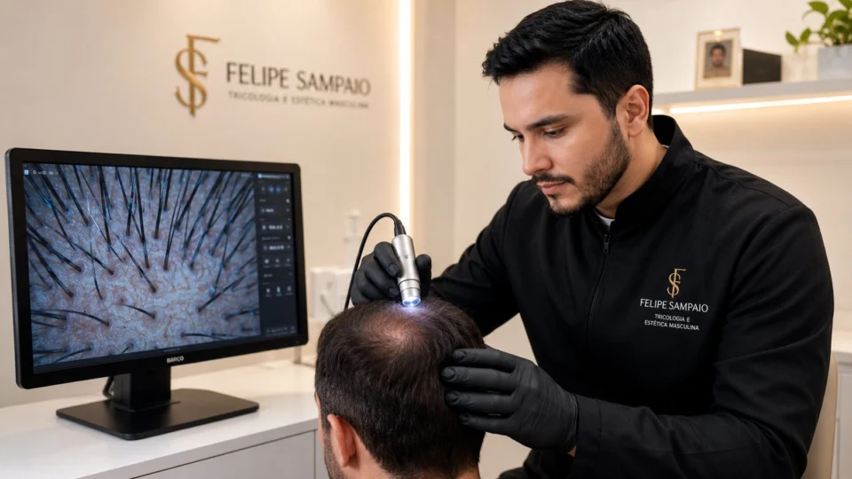 O tricologista Dr. Felipe Sampaio realiza avaliação capilar com tricoscopia, exame que permite identificar alterações nos folículos antes que a perda de cabelo se torne mais evidente.
