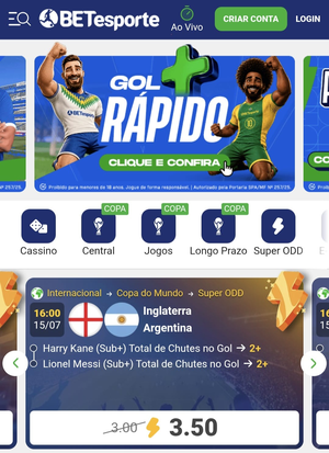 Página inicia da BETesporte, com botão de cadastro no topo
