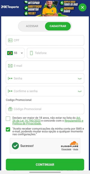 Formulário de cadastro da BETesporte, com campos de CPF, telefone, e-mail e senha