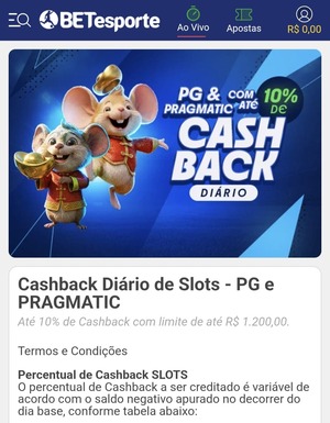 Seção da promoção “Cashback Diário de Slots” acessada com o código BETesporte