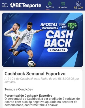 Área da promoção “Cashback Semanal Esportivo” disponível com o cupom BETesporte
