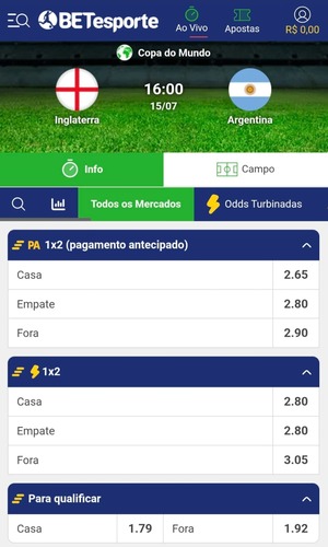 Interface de mercados da BETesporte, com o mercado de 1x2 de pagamento antecipado em destaque

