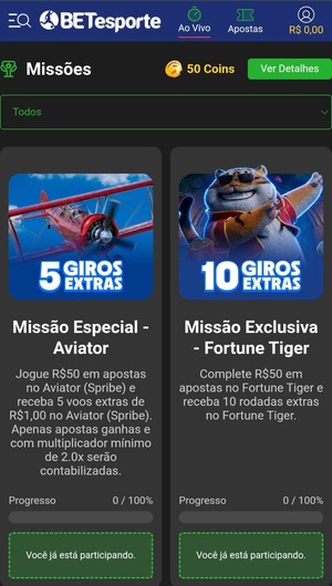 Área das missões na BETesporte, com destaque para os desafios no Aviator e no Fortune Tiger
