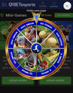Interface da Roleta Diária da BETesporte, composta por prêmios de giros grátis e BETCoins
